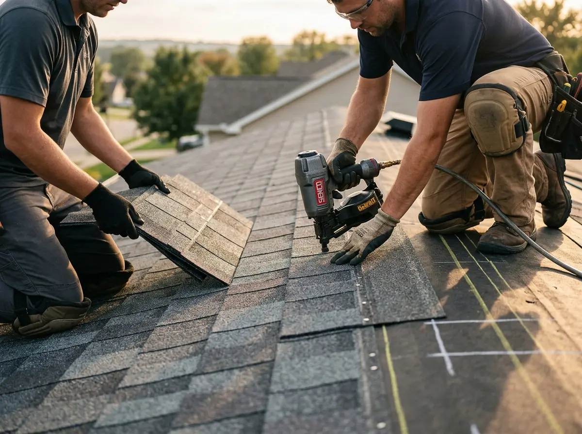Professional roofer working on a residential roof in Oakland